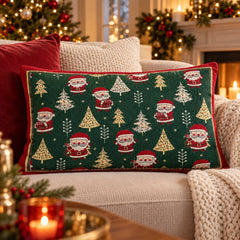 Cojín navideño riñonera de 50 × 30 cm con diseño de Papá Noel y árboles sobre fondo verde con borde rojo