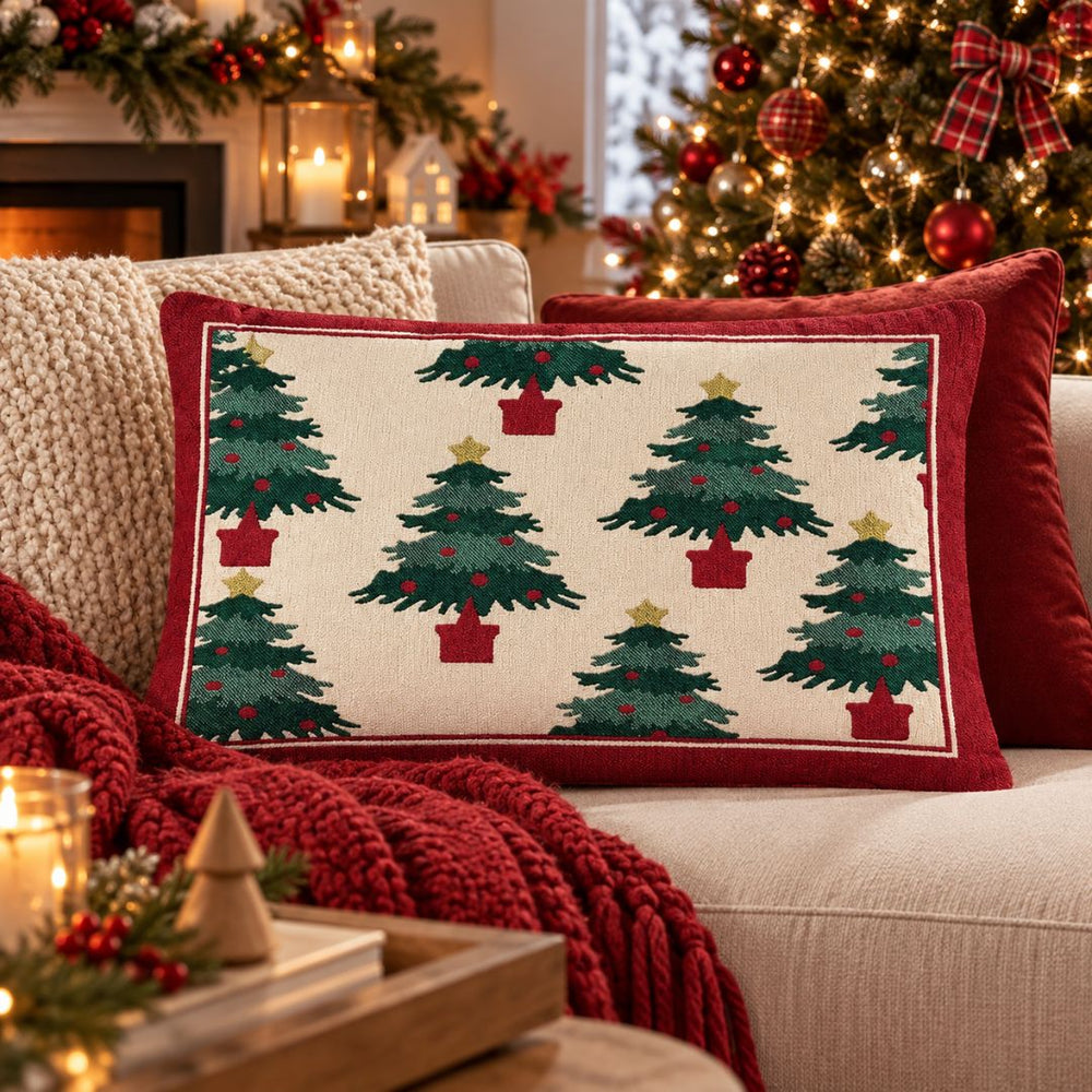 Cojín navideño riñonera de 50 × 30 cm con diseño de árboles de Navidad sobre fondo claro y borde rojo