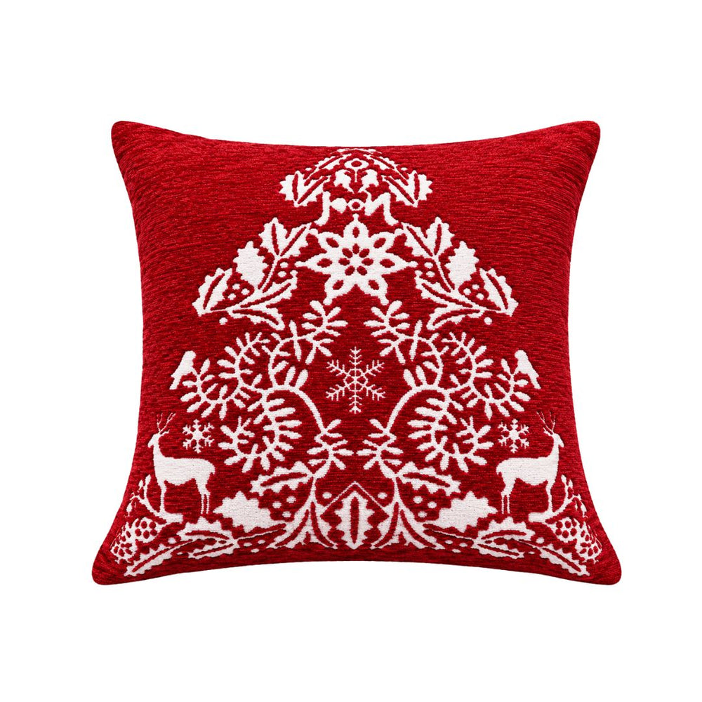 Cojín navideño cuadrado rojo con diseño de árbol y renos