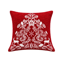 Cojín navideño cuadrado rojo con diseño de árbol y renos