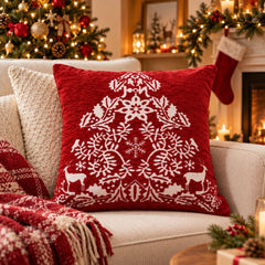 Cojín navideño cuadrado rojo de 43 × 43 cm con diseño blanco de árbol, copos de nieve y renos