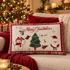 Cojín navideño riñonera de 50 × 30 cm con diseño Merry Christmas, árbol de Navidad, muñeco de nieve y Santa sobre fondo claro y borde rojo