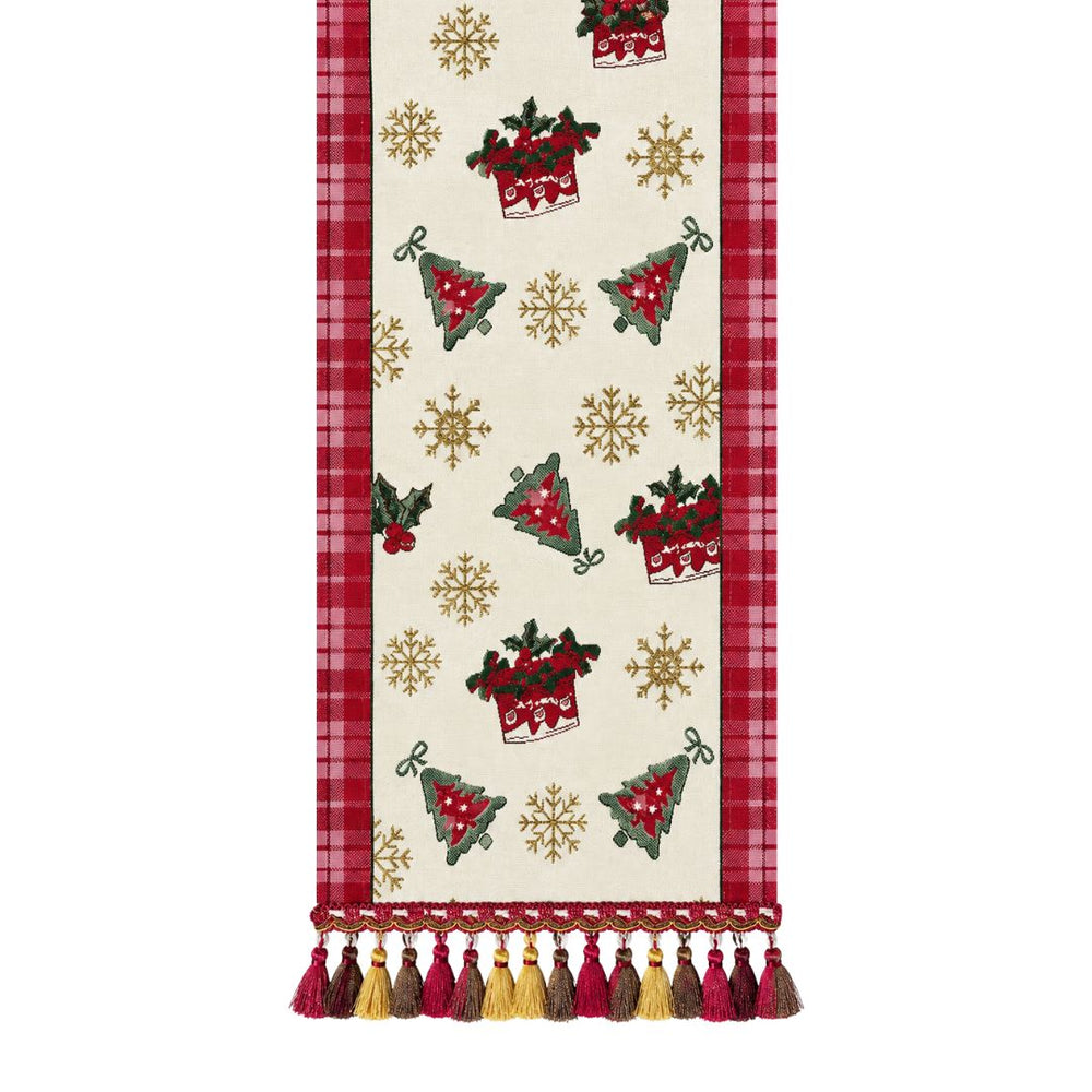 Camino de mesa navideño beige con rojo de 33 × 180 cm.
