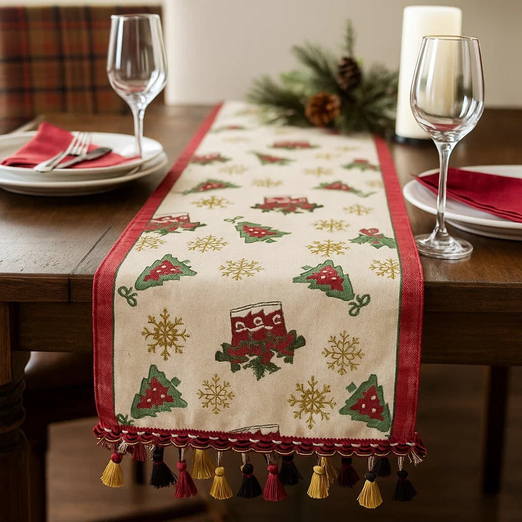 Camino de mesa navideño beige con borde rojo y borlas decorativas en tonos dorado, rojo y negro