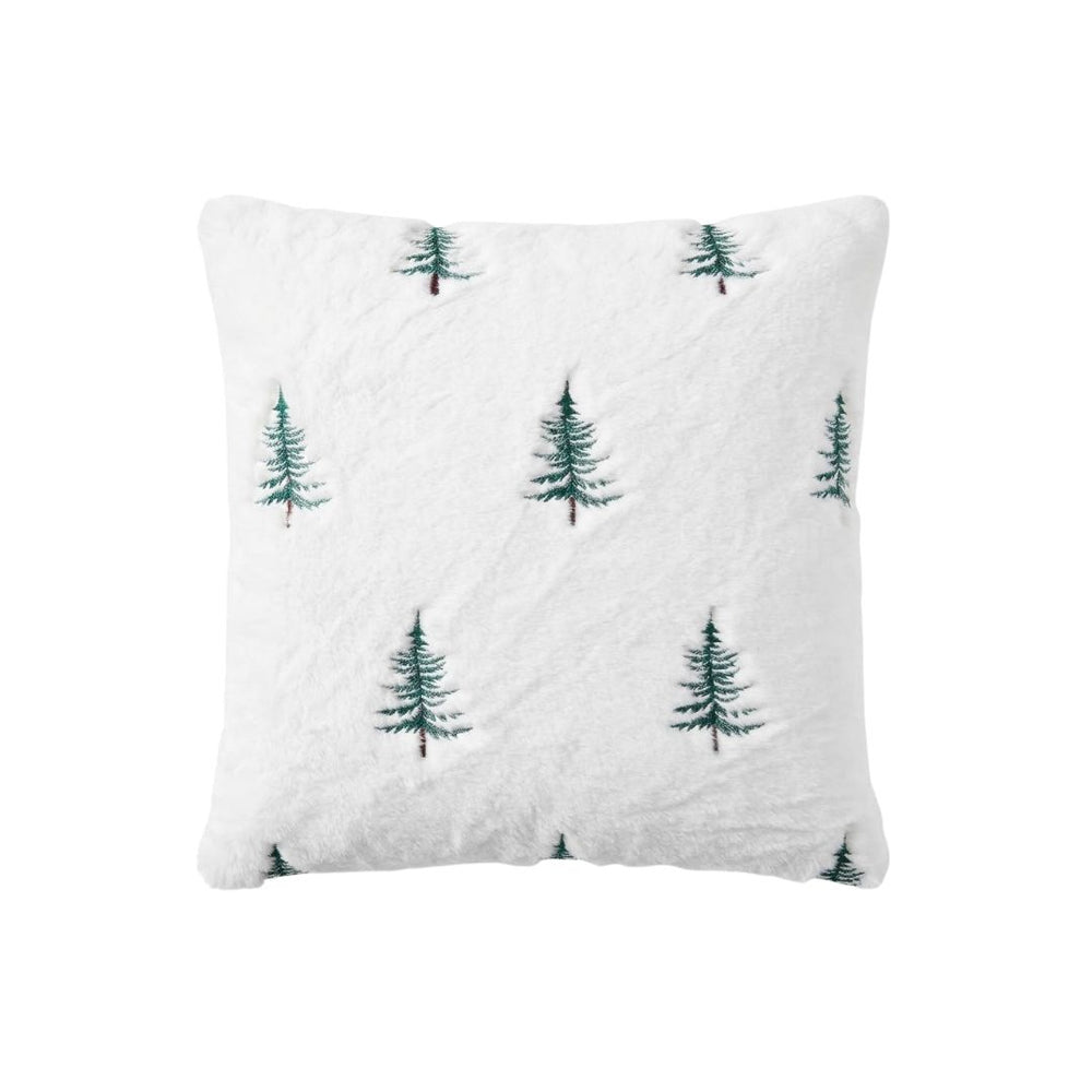 Cojín navideño blanco 45×45 cm con diseño de árboles verdes bordados.