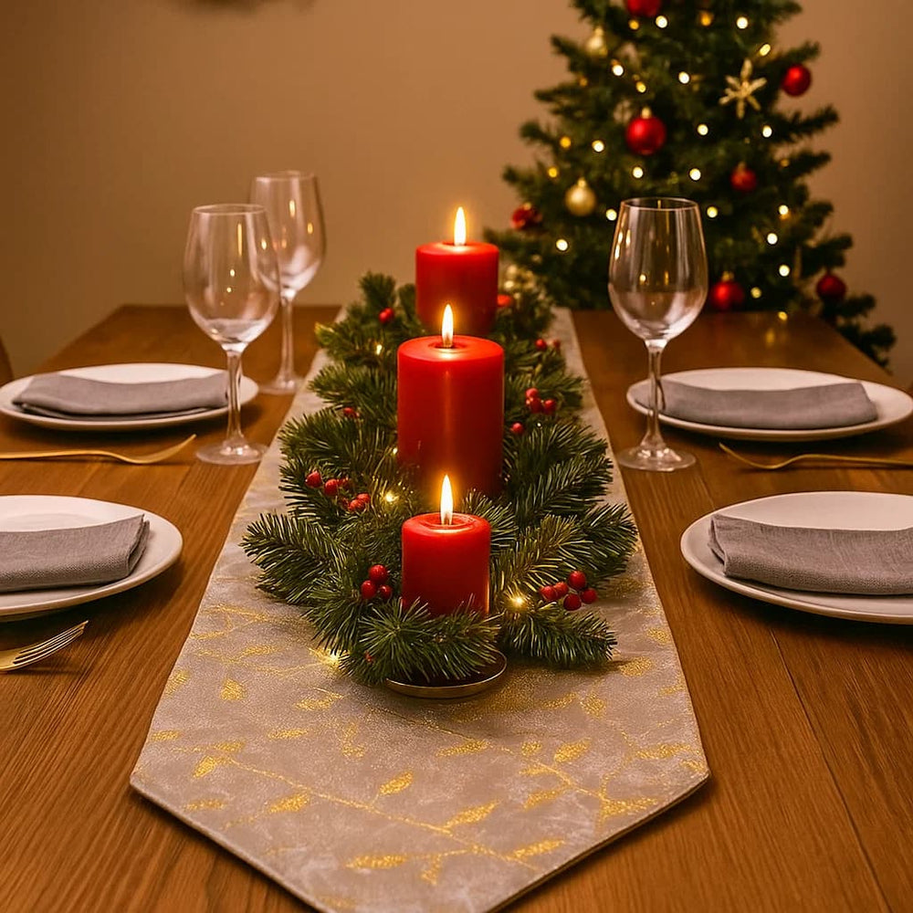 Camino de mesa gris con diseño de hojas doradas y borlas decorativas