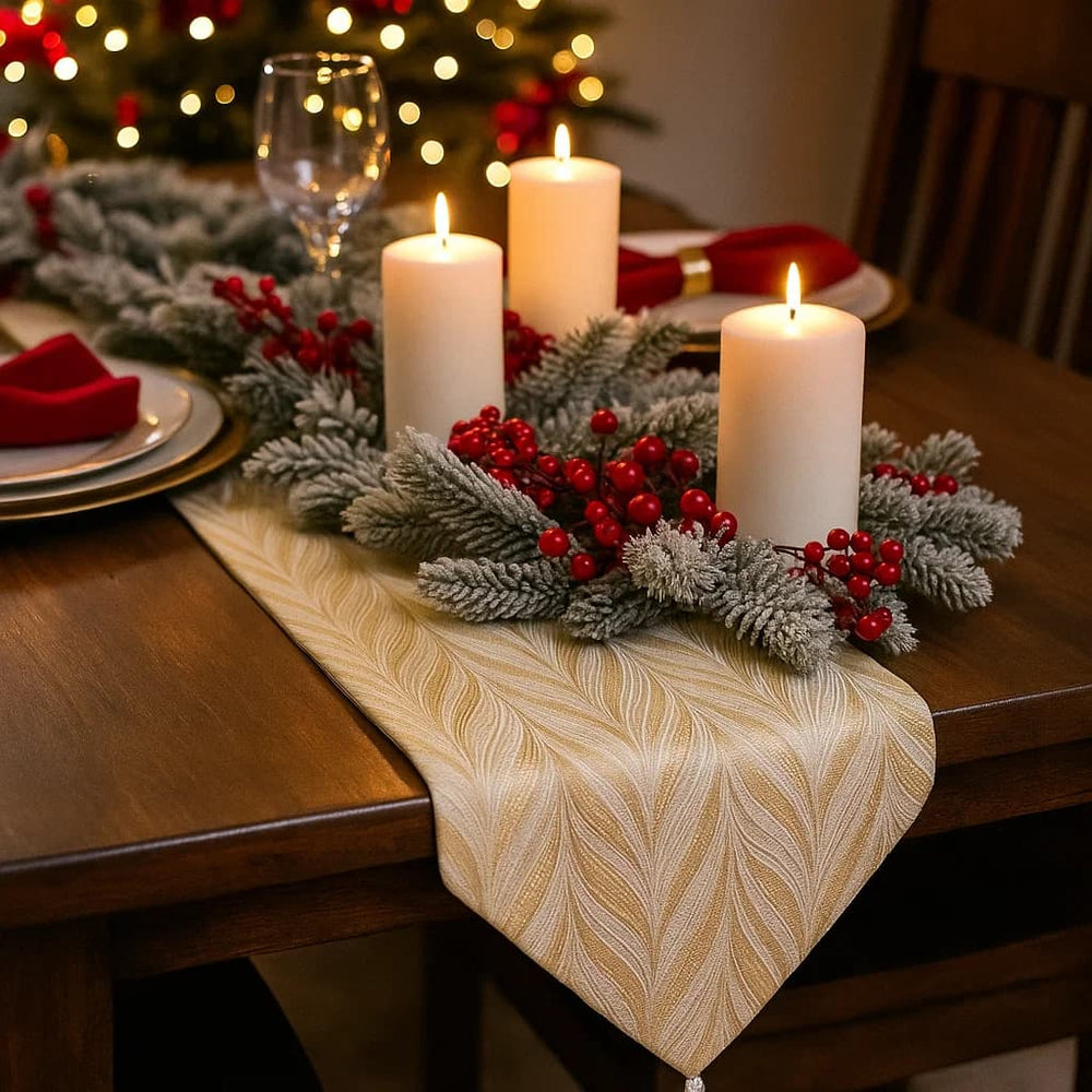 Camino de mesa de tela beige 35x180 cm con diseño de ramas doradas y borlas decorativas