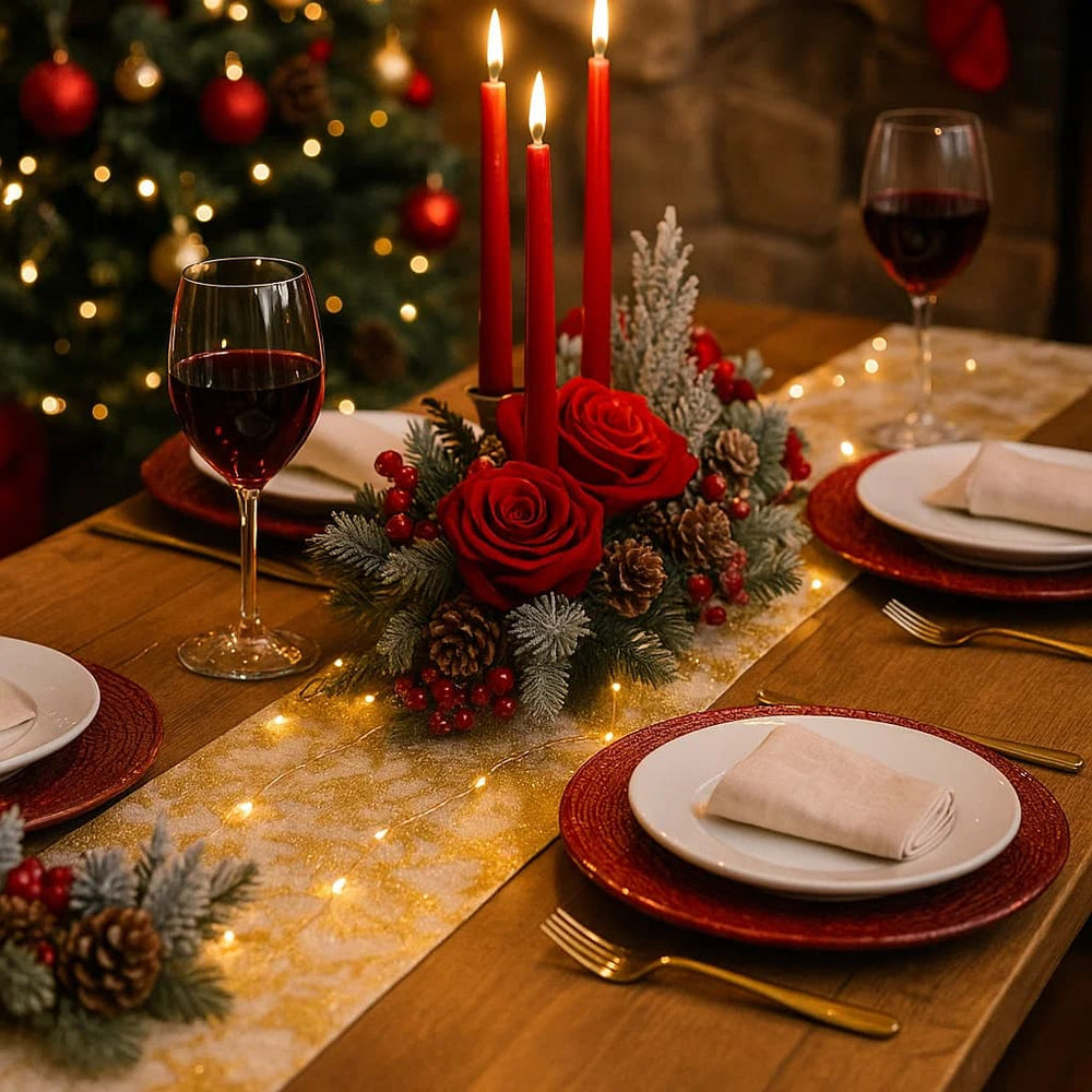 Camino de mesa beige con diseño de trazos dorados y borlas decorativas