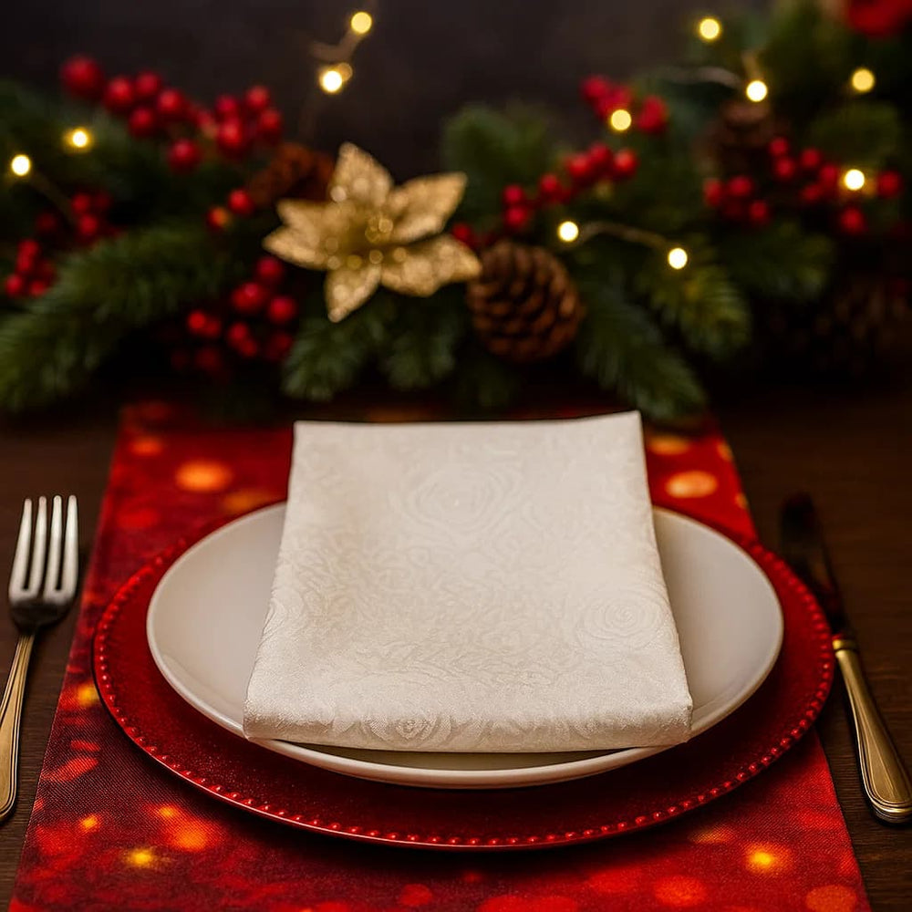 Servilleta de tela 45x45cm color beige con diseño de rosas en relieve