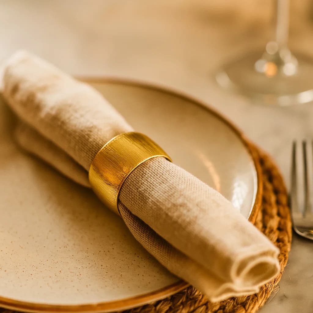 Anillo para servilleta dorado con diseño en líneas texturizadas. Ideal para decorar tu mesa con estilo y sofisticación.