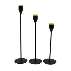 Set de candelabros metálicos negros con borde dorado en 3 tamaños