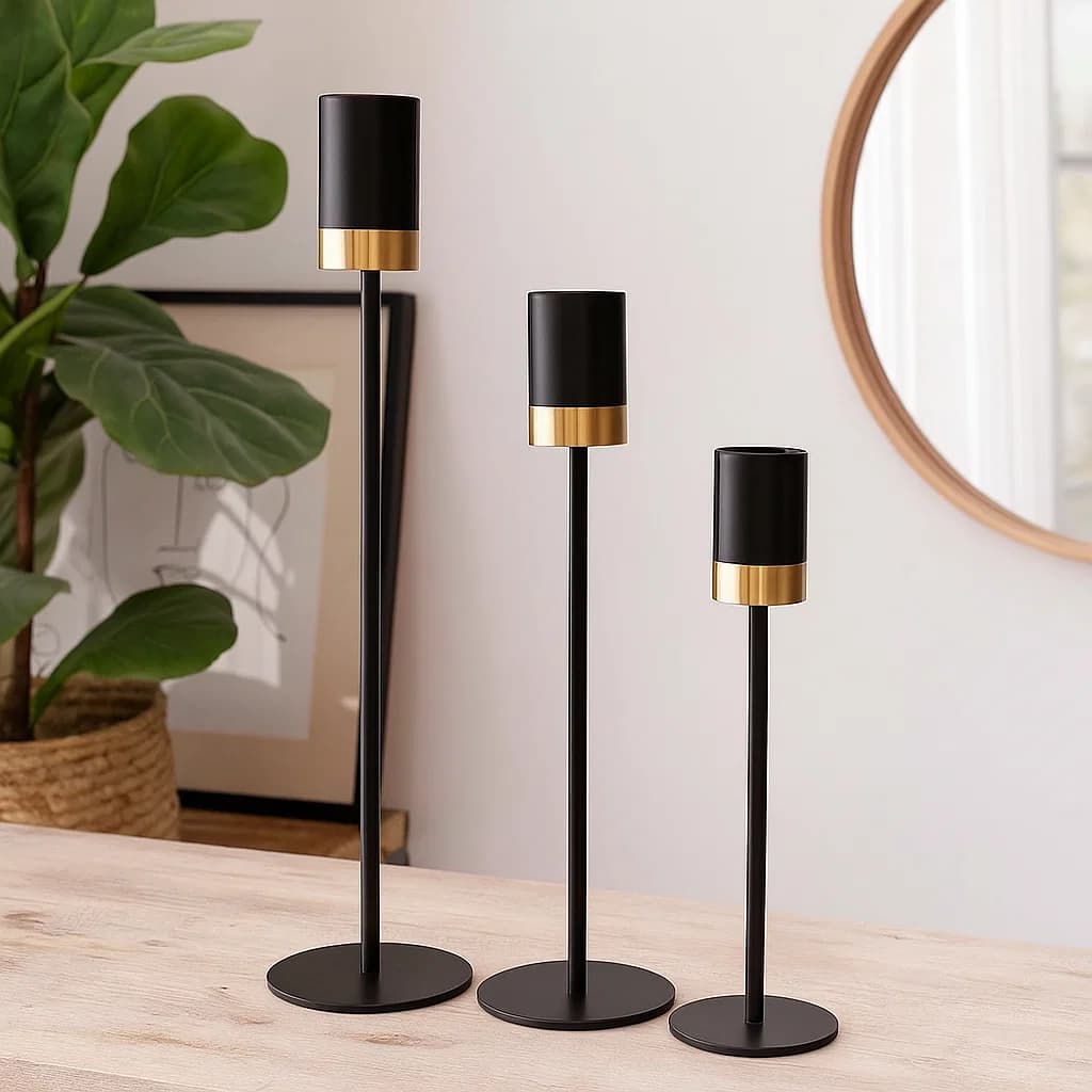 Set De 3 Candelabros Metálicos Negros Con Borde Cuadrado Dorado