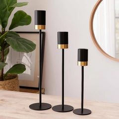 Set De 3 Candelabros Metálicos Negros Con Borde Cuadrado Dorado