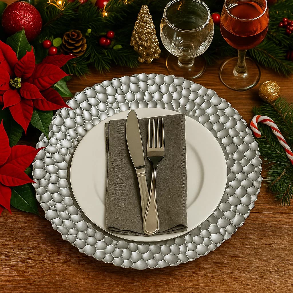 Plato base decorativo en cristal de 33 cm con borde plateado texturizado en figuras geométricas