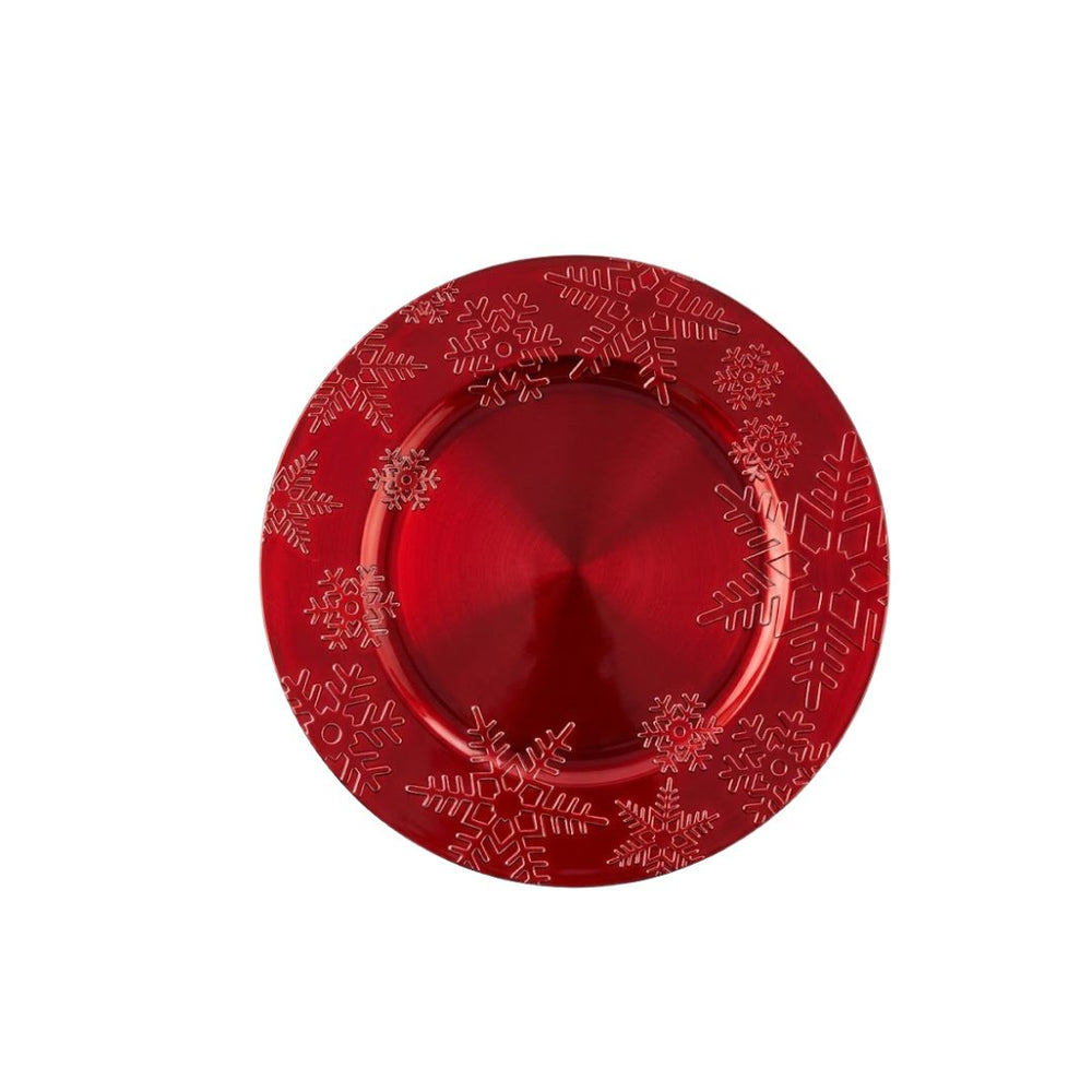 Plato base navideño rojo de melamina con diseño de copos de nieve.