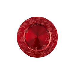 Plato base navideño rojo de melamina con diseño de copos de nieve.