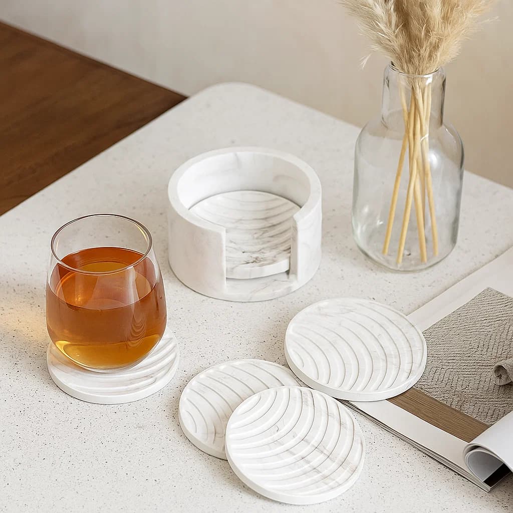 Set de 4 portavasos de cerámica diseño mármol con soporte