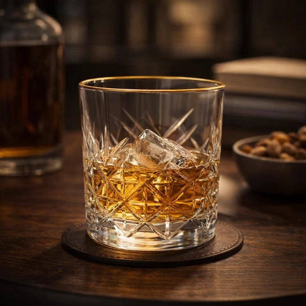 Vaso whiskey de vidrio 340 ml diseño rombos con borde dorado