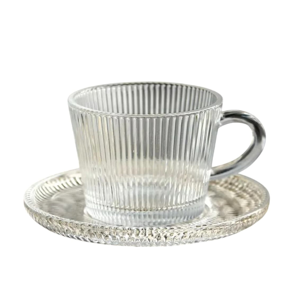 Set de té en vidrio transparente con diseño líneas verticales