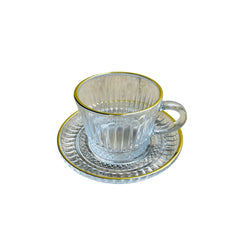 Set de té en vidrio transparente con diseño líneas verticales y borde dorado