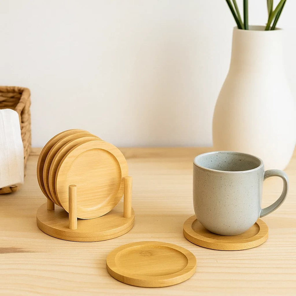 Portavasos de bambú con soporte en madera natural, set de 6 piezas