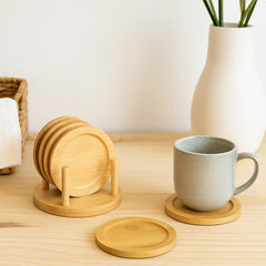 Portavasos de bambú con soporte en madera natural, set de 6 piezas