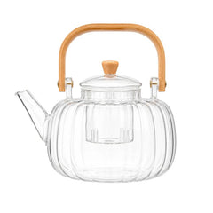 Tetera de vidrio transparente 1500 ml con infusor y mango de madera