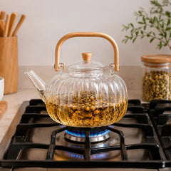 Tetera infusora de vidrio diseño calabaza 1500 ml con mango de madera