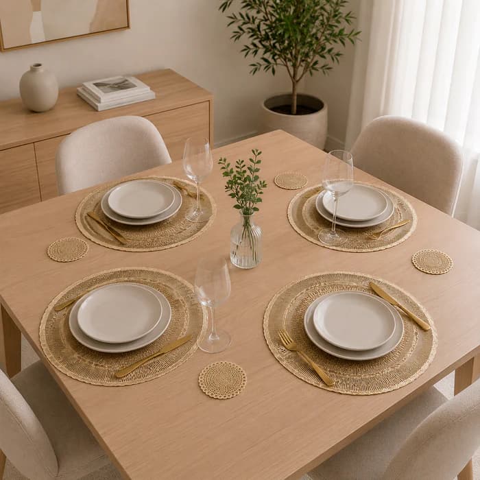 Individual para mesa redondo de 36 cm en PVC dorado con portavaso y diseño sol