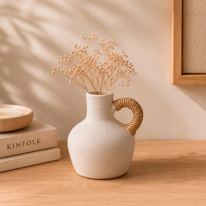 Florero cántaro blanco de 13×15 cm con asa lateral de cuerda natural