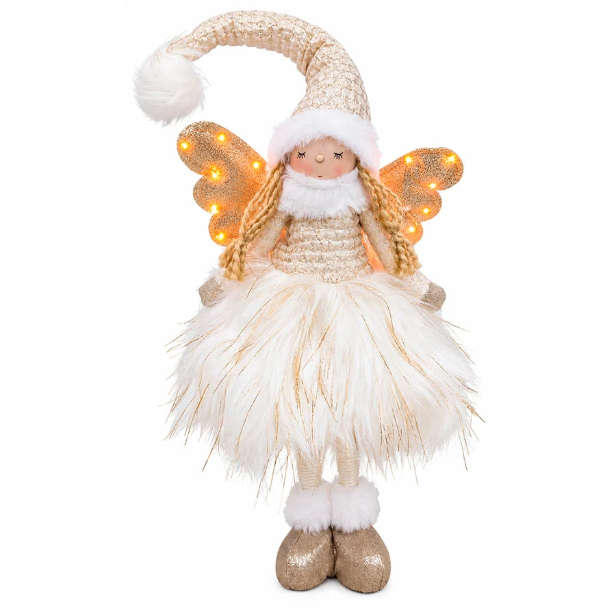 Ángel navideño beige con luces en las alas
