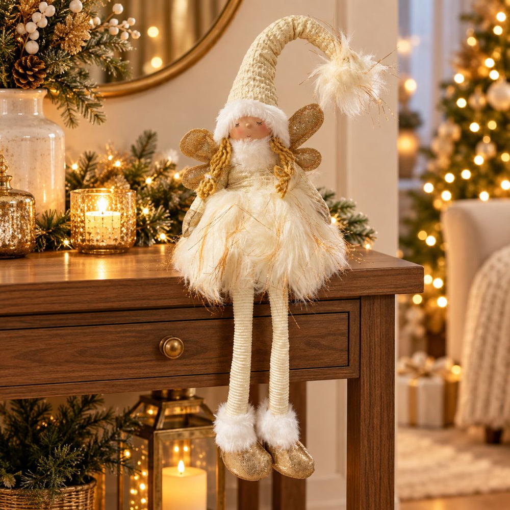 Muñeco ángel navideño de 30 cm con alas doradas, vestido blanco y luces decorativas.