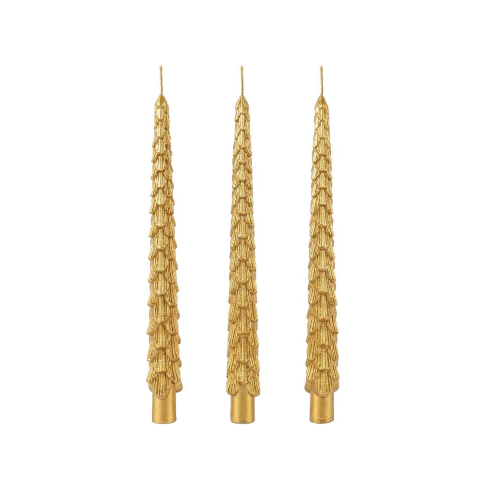 Set x3 velas decorativas doradas con diseño de árbol de Navidad.