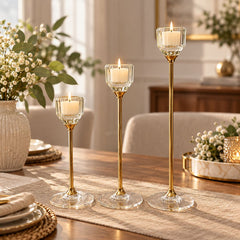 Set x3 candelabros de niveles en cristal transparente con estructura dorada