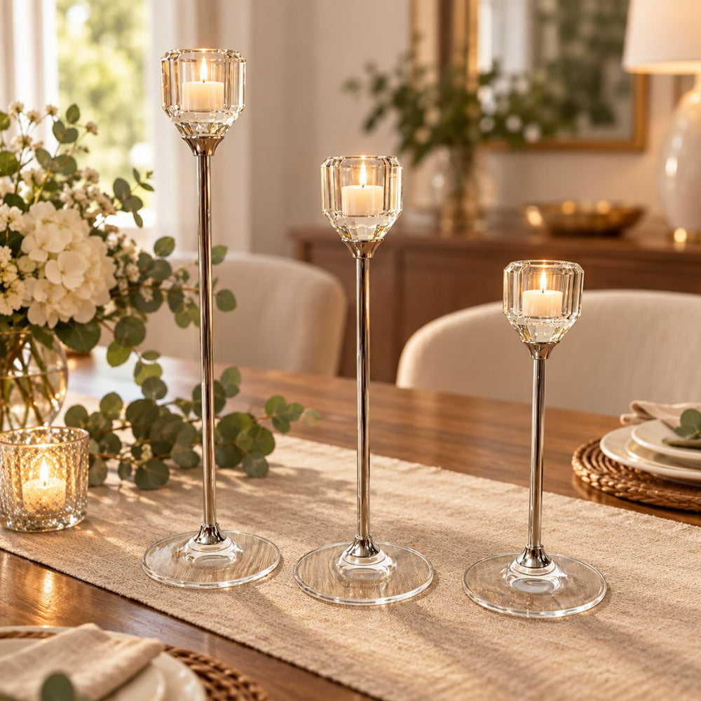 Set x3 candelabros de niveles en cristal transparente con estructura plateada