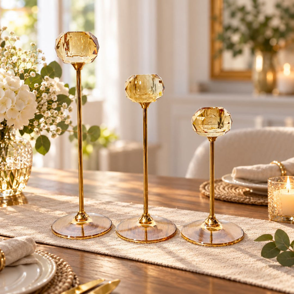 Set x3 candelabros de niveles en cristal circular ámbar con estructura dorada