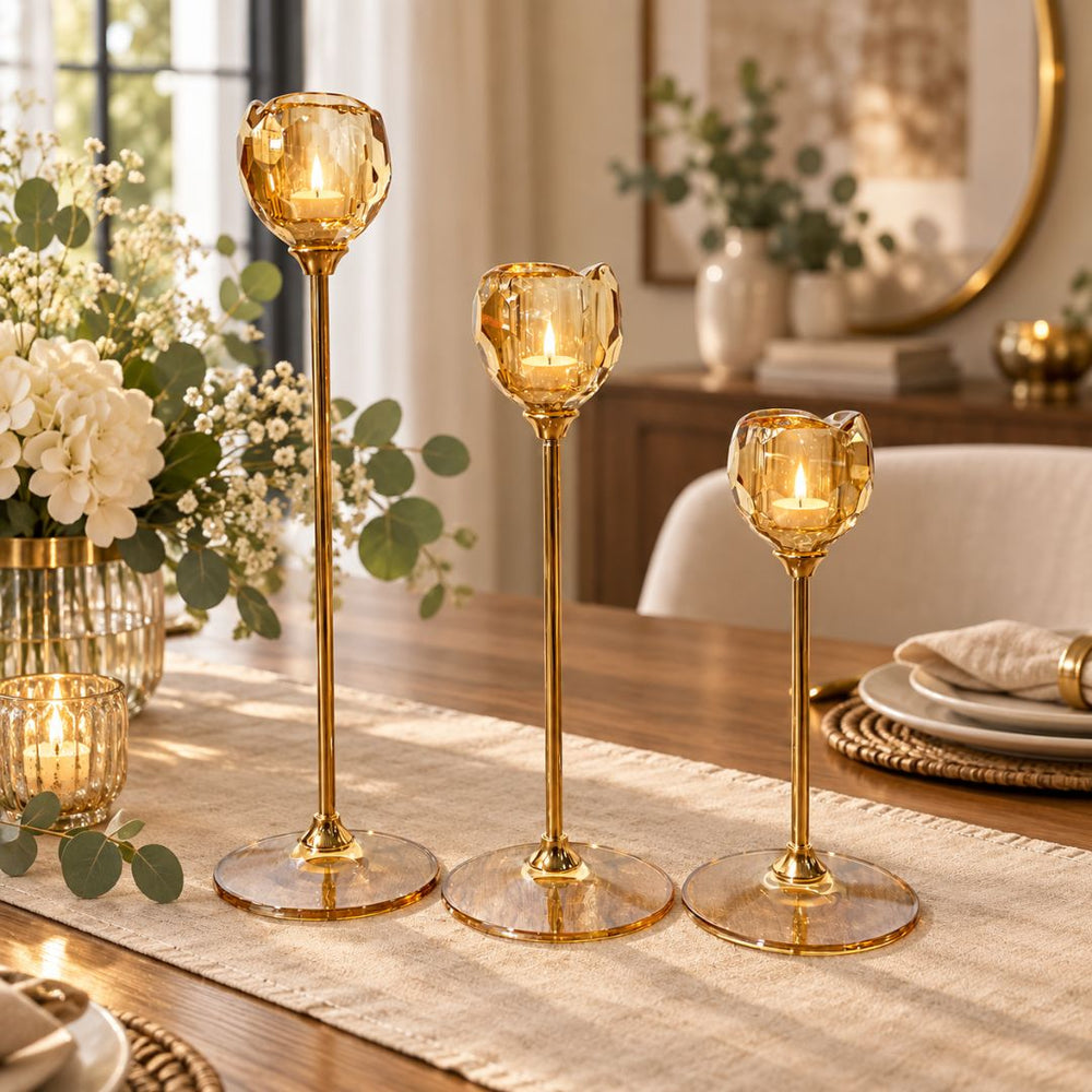 Set x3 candelabros de niveles en cristal diseño flor ámbar con estructura dorada
