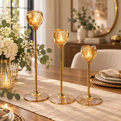 Set x3 candelabros de niveles en cristal diseño flor ámbar con estructura dorada