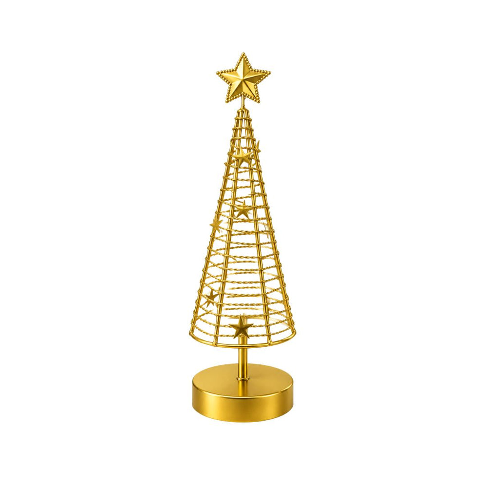 Árbol navideño decorativo dorado con luces.