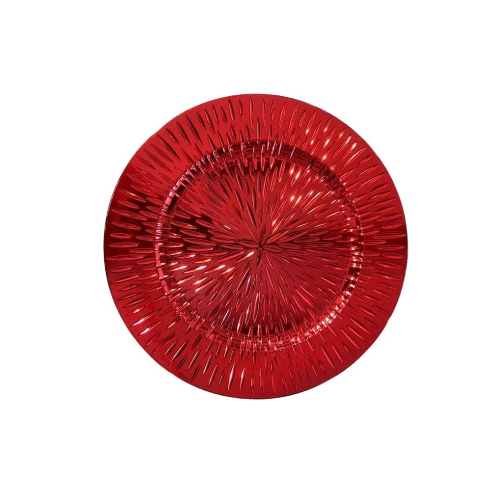 Plato base decorativo rojo de 33 cm con acabado brillante.