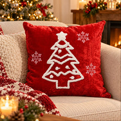 Cojín navideño rojo de 43 × 43 cm con árbol blanco en relieve y copos de nieve.