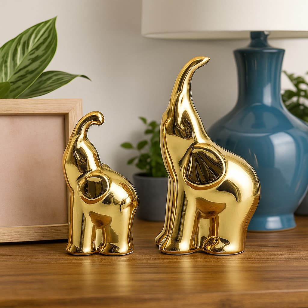 Set de elefantes decorativos dorados en cerámica para hogar u oficina