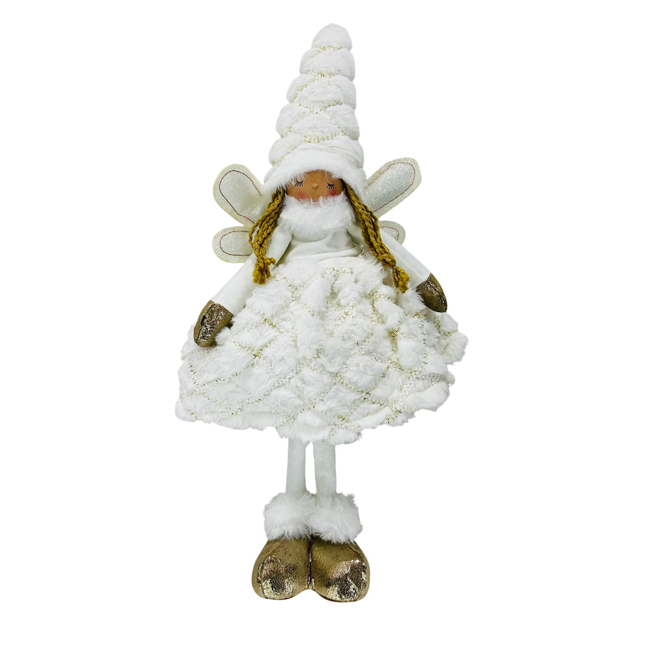 Hada navideña con vestido blanco y destellos dorados – 46 cm