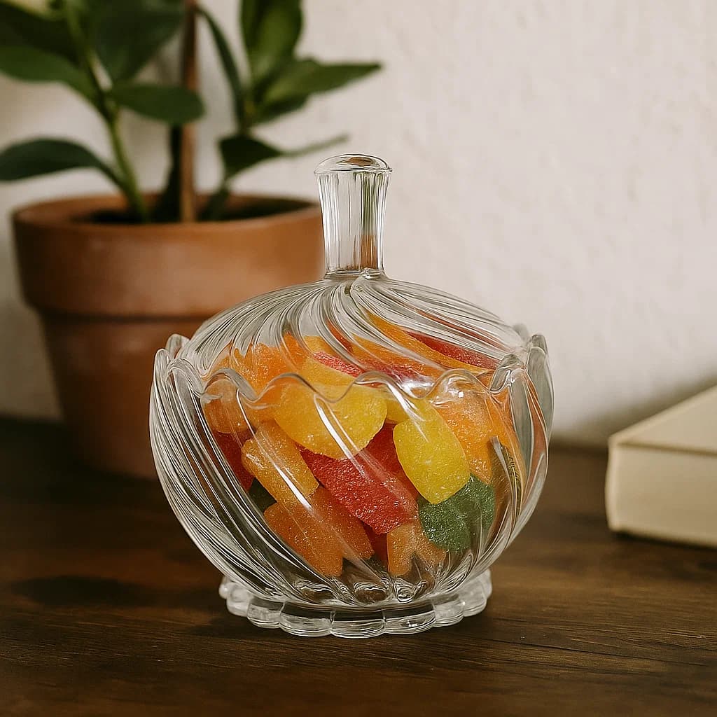 Bombonera de vidrio 156 ml con diseño espiral y tapa decorativa.