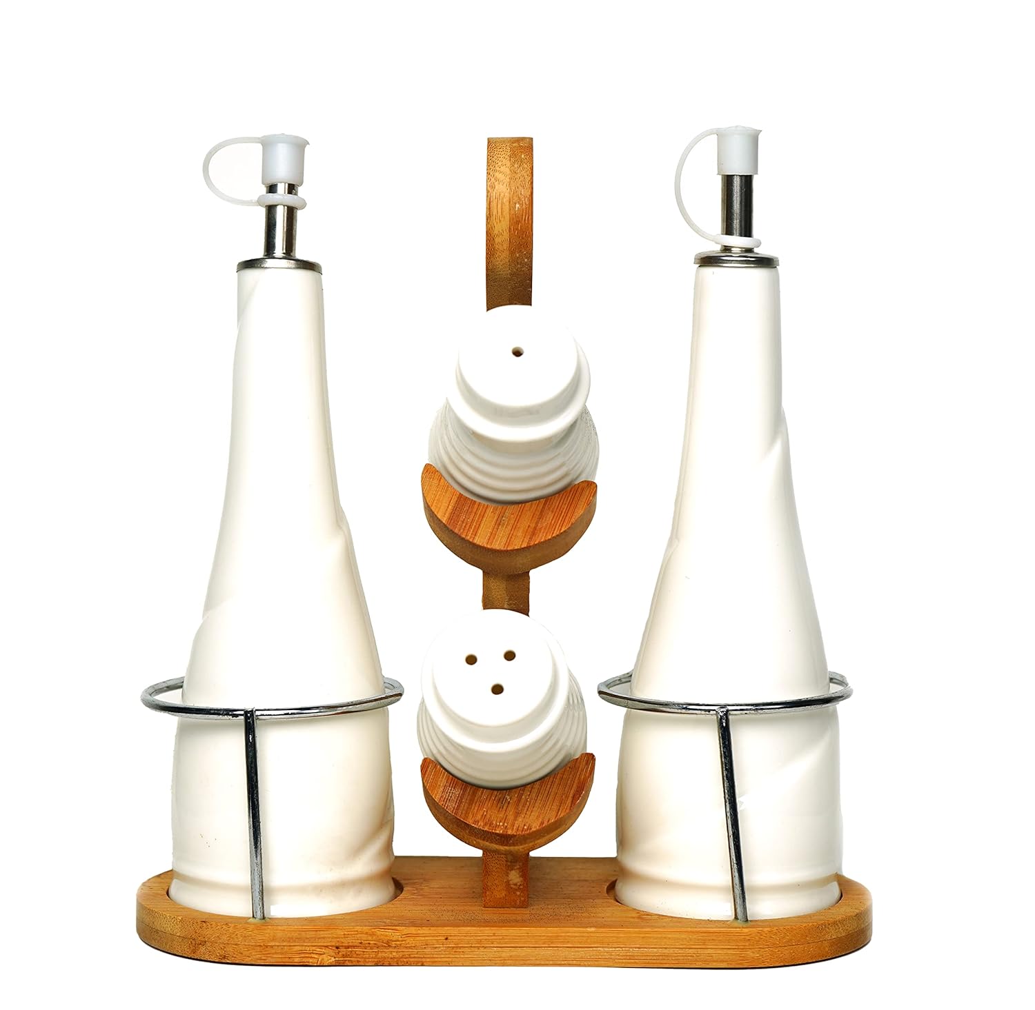 Soporte de bambú sosteniendo los recipientes