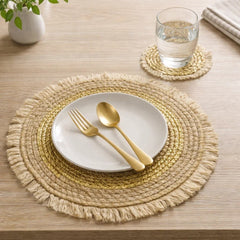 Set x2 Individual Con Portavaso Tejido Mimbre Flecos