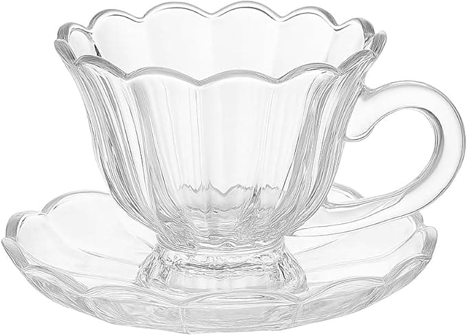 Set taza y plato de vidrio con diseño floral