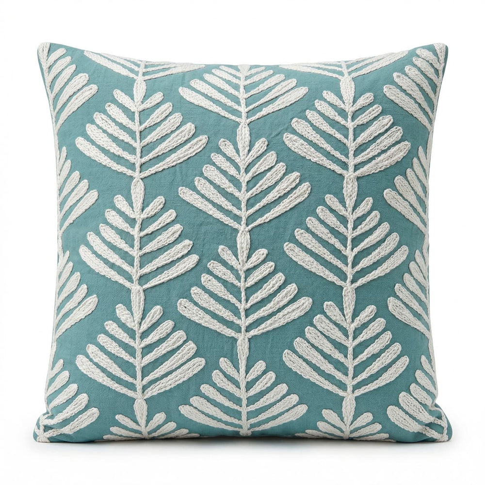 Cojín decorativo menta con hojas bordadas 45×45 cm
