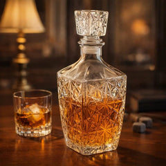 whiskera de vidrio tallado diseño sol con tapon decantador elegante para licor