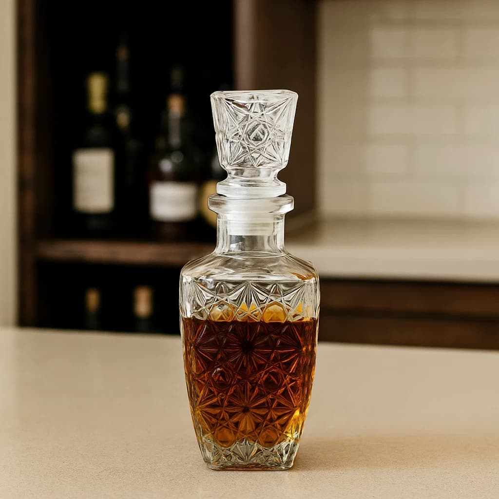 Whiskera de vidrio 230 ml con diseño tallado tipo estrella y tapa hermética